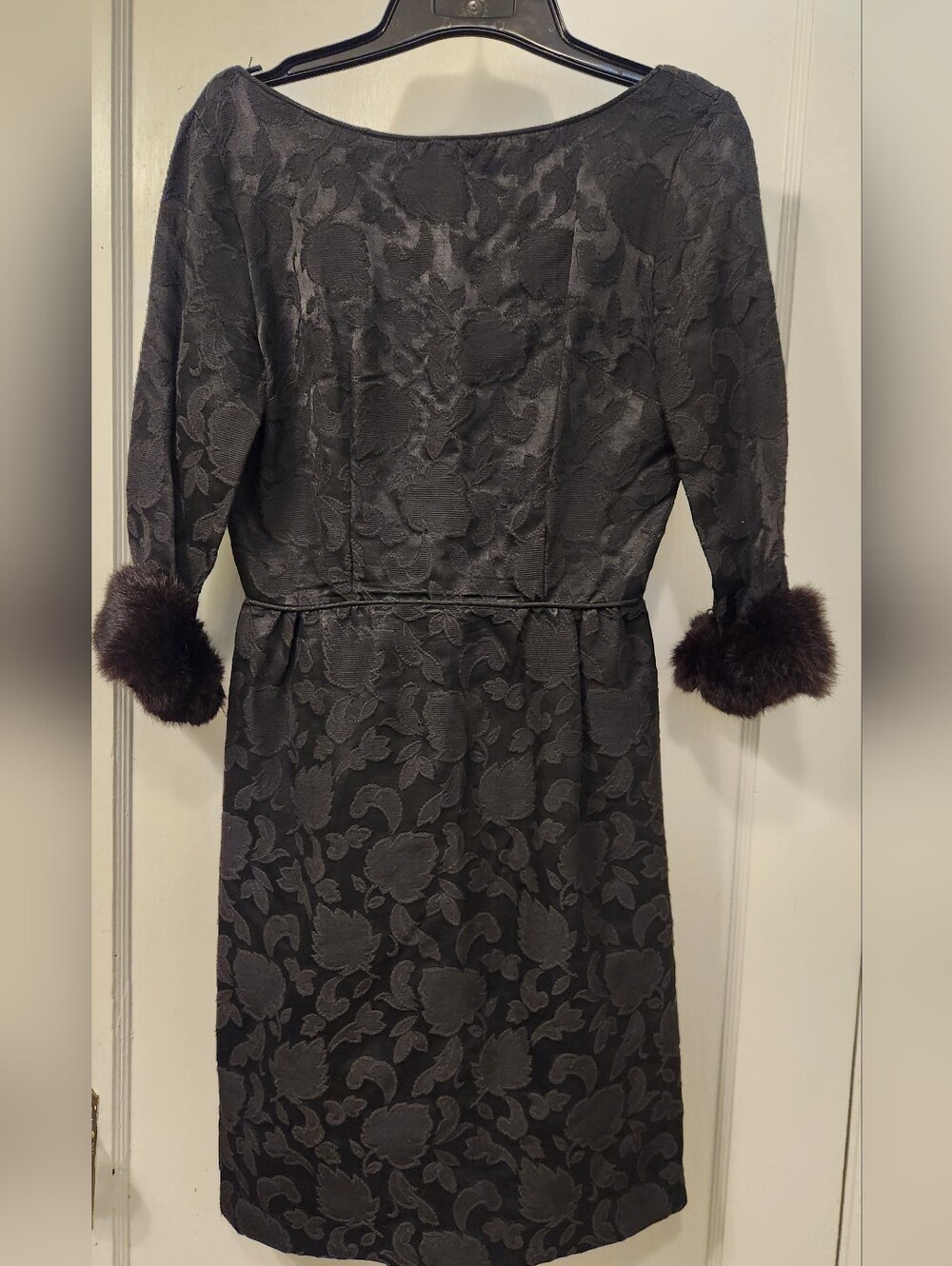 Vintage Elegant Black Floral Jacquard Dress with Real Fur Cuffs. Custom Made